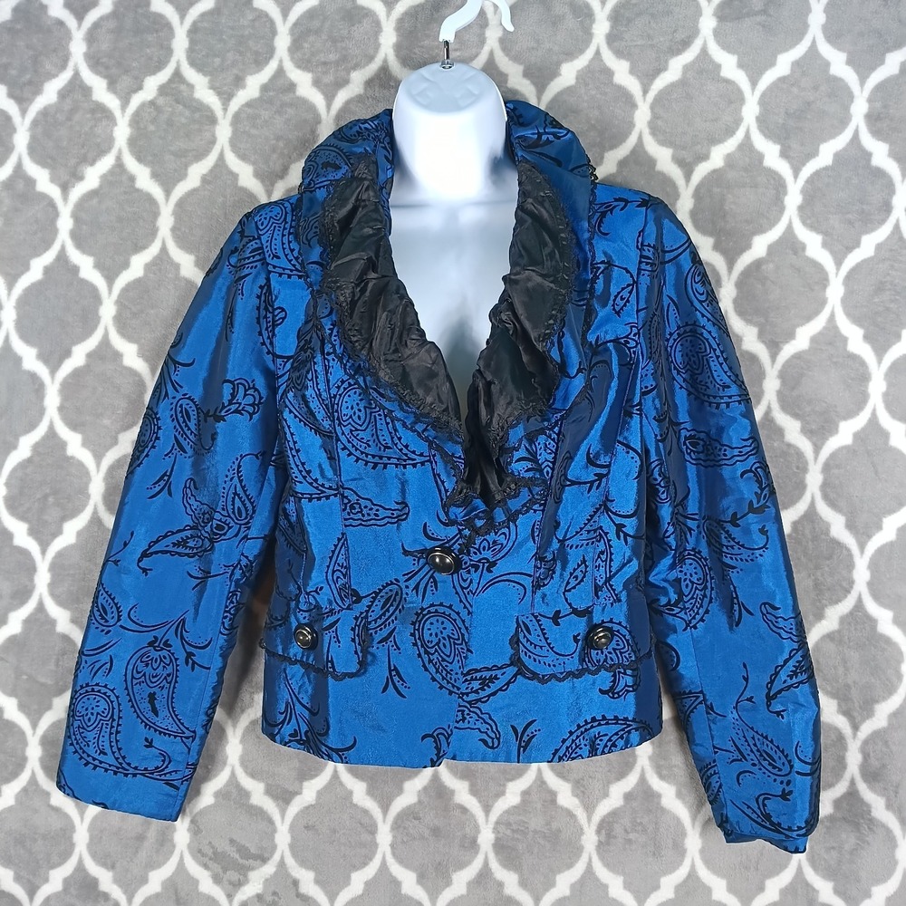 Agora Jacket Women Small Blue Paisley Satin Removable Collar Goth Victorian